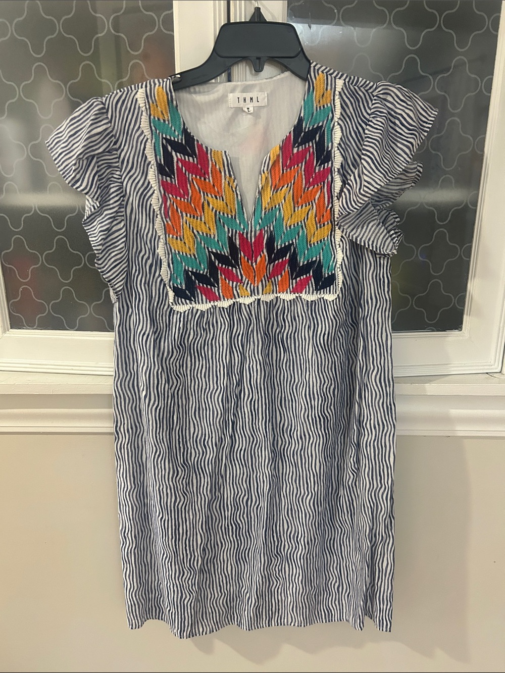 THML Multicolor Embroidered Chevron Dress— Yellow, Orange, Pink, Blue